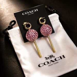 Coach Pink Crystal Ball Drop Earrings Gold Tone Hoop Dangle New with Pouch
